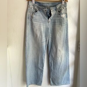 American Eagle Light Blue Distressed Jeans, low rise wide leg jeans
